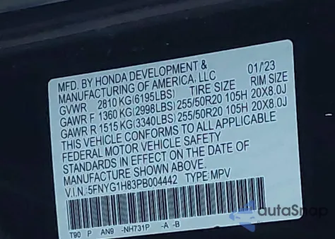 2023 Honda Pilot Awd Elite z USA, uszkodzony, nr VIN 5FNYG1H83PB004442